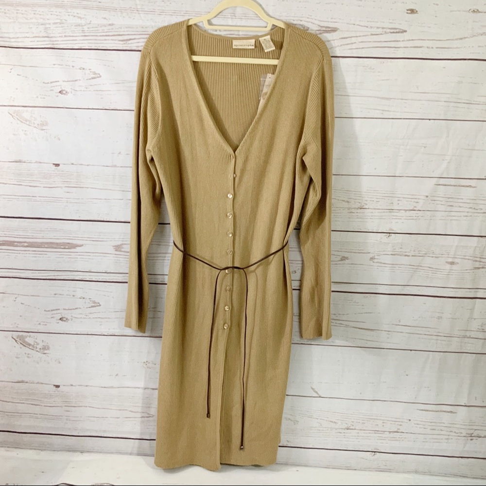 Tan Buttoned Long Sweater With Tie